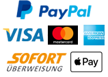 Bezahlen Sie per PayPal, Kreditkarte (Visa, Mastercard, Amex), Sofort Überweisung, Giropay oder ApplePay
